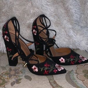 Lace Up Embroidered Heels